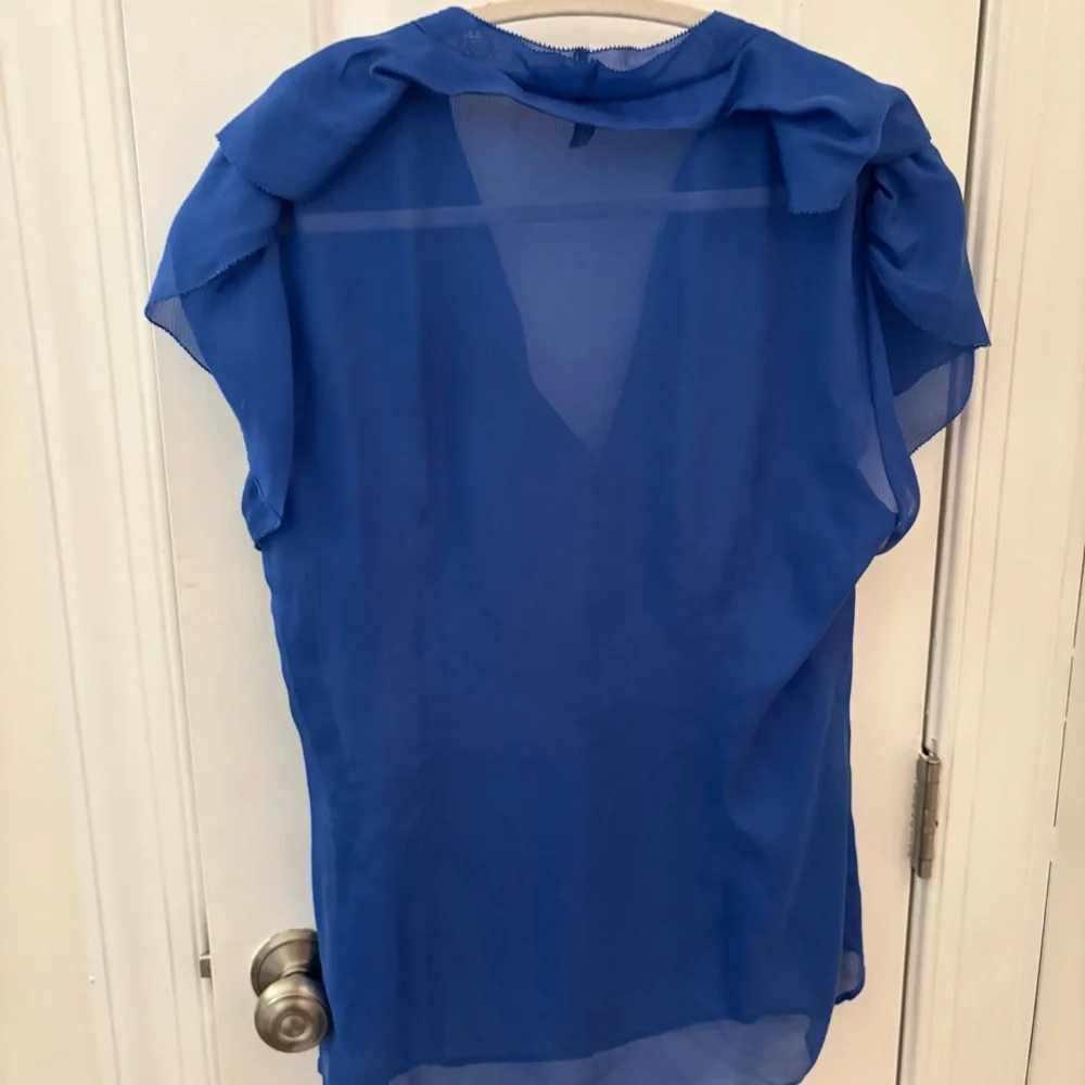 BCBGMaxAzria Silk Royal Cobalt Blue Sheer Blouse size M Ruffles - Picture 7 of 9
